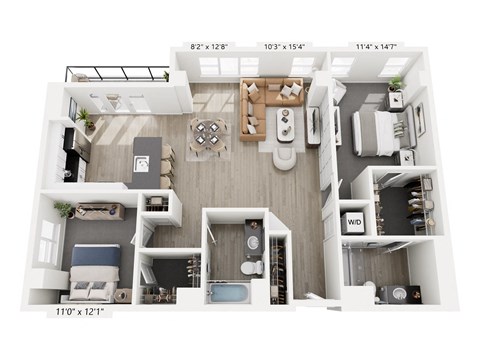 The Duality floor plan at Contrast OTR in Cincinnati’s Over-the-Rhine is a spacious two-bedroom, two-bath with walk-in closets, open living, and in-unit laundry—ideal for upscale downtown living near TQL Stadium.